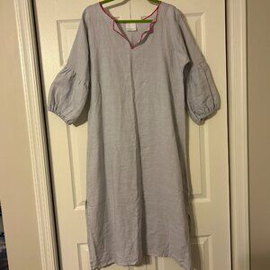 NINA LEUCA Sz XL Gray with Pink Trim 100% Linen 3/4 Sleeves Maxi Dress ITALY